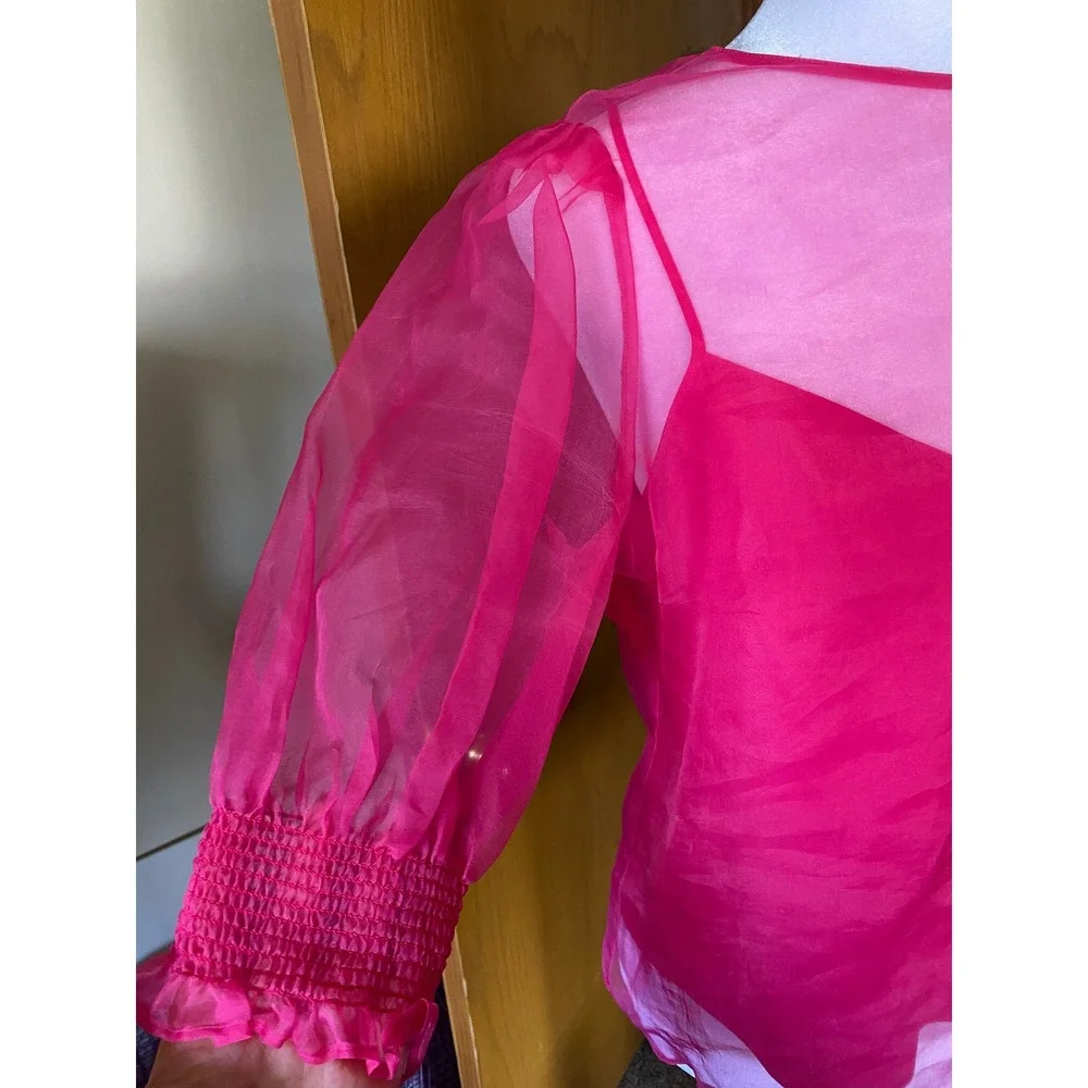 Cinq a Sept Katerina 100% Silk Sheer Hot Pink Puff Sleeve Blouse Top Small Luxe - Picture 4 of 9